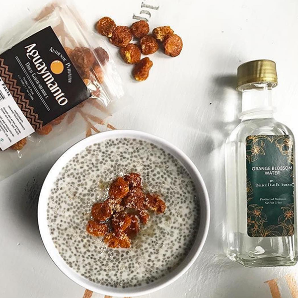 International snack box featuring chia seed pudding from Morocco