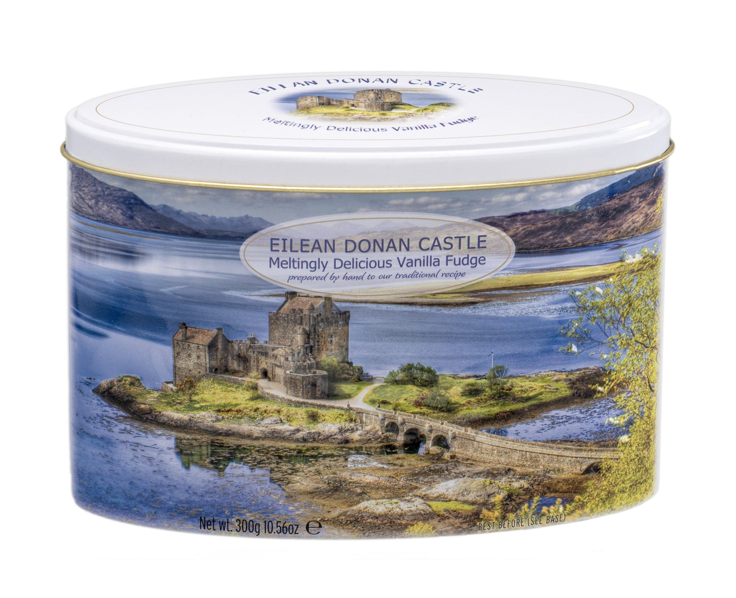Premium vanilla fudge presented in a collectible Eilean Donan Castle souvenir tin. The decorative packaging showcases one of Scotland’s most iconic castles set amid a Highland loch and mountain landscape. The oval gift tin contains traditionally prepared vanilla fudge and is suitable for gifting, souvenirs, or Scottish specialty food collections.