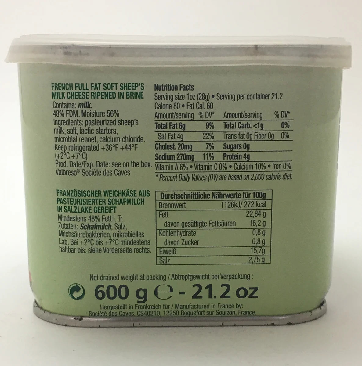 Valbreso French Feta Cheese, 21.2oz Tins x 8 pack (France)