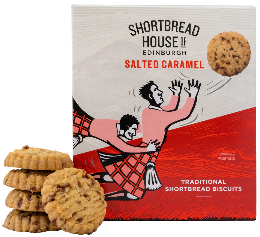 Shortbread House of Edinburgh Salted Caramel Traditional Shortbread Biscuits presented in a decorative retail box. The package contains round buttery shortbread cookies infused with salted caramel pieces. Several biscuits are displayed outside the box to highlight their ridged edges and golden-brown texture.