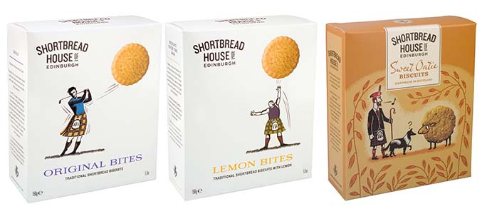 Assorted Shortbread House of Edinburgh biscuit products displayed together. The collection includes Original Bites, Lemon Bites, and Sweet Oatie Biscuits. Each package features distinctive Scottish-inspired artwork and premium gift-style packaging that highlights the individual flavor variety.