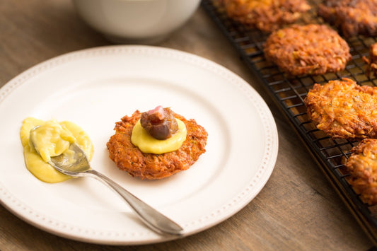 Sweet Potato Latkes with Mayonnaise and Relish