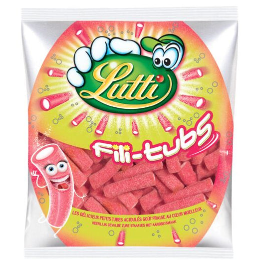 Lutti Fili-tubs, sour strawberry candy (France)
