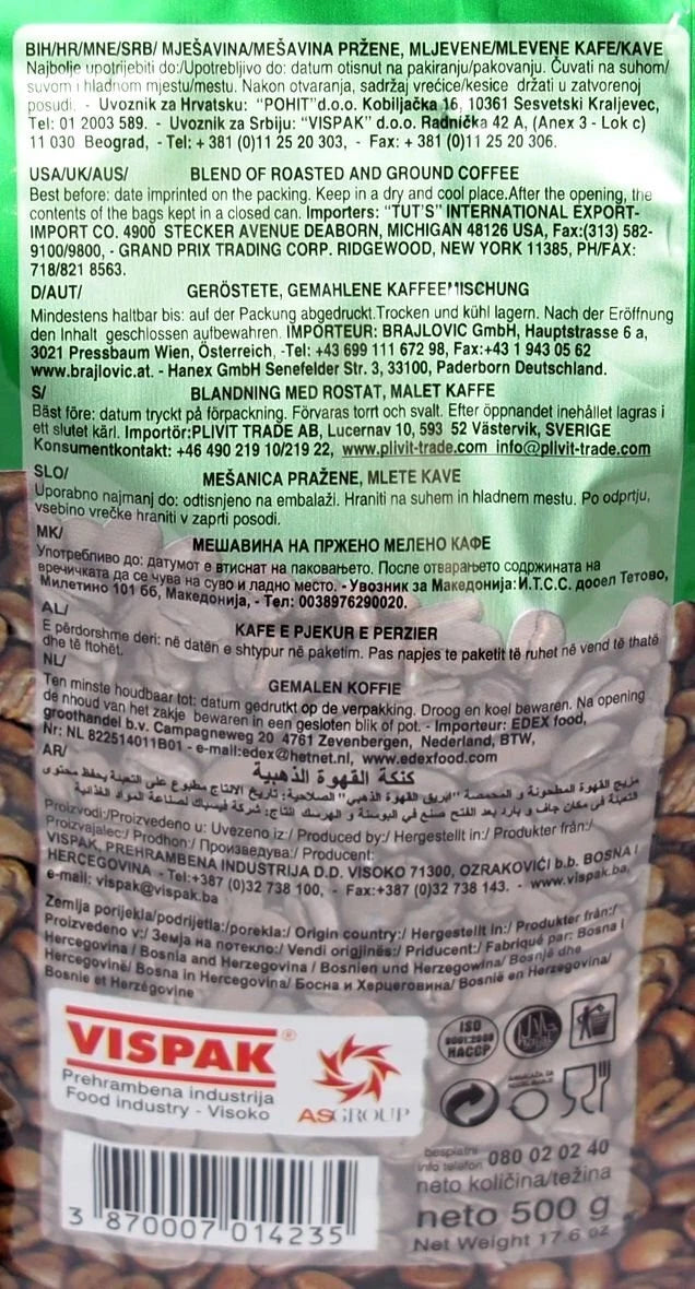Vispak Ground Coffee - 17.6oz Bags x 16 pack (Bosnia)